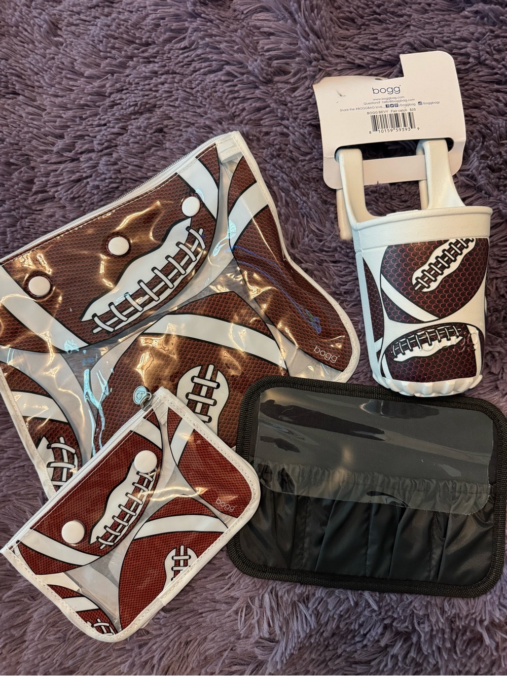 BOGG 2 pc. Clear Football Print Accessory Set with cup holder in Brown and White